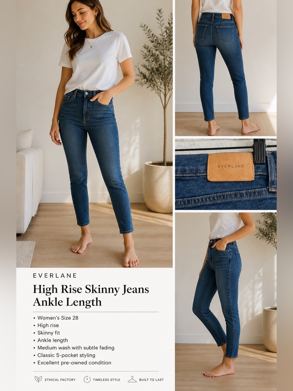 Everlane High Rise Skinny Jeans 28 Ankle Blue Wash Minimal Classic Denim